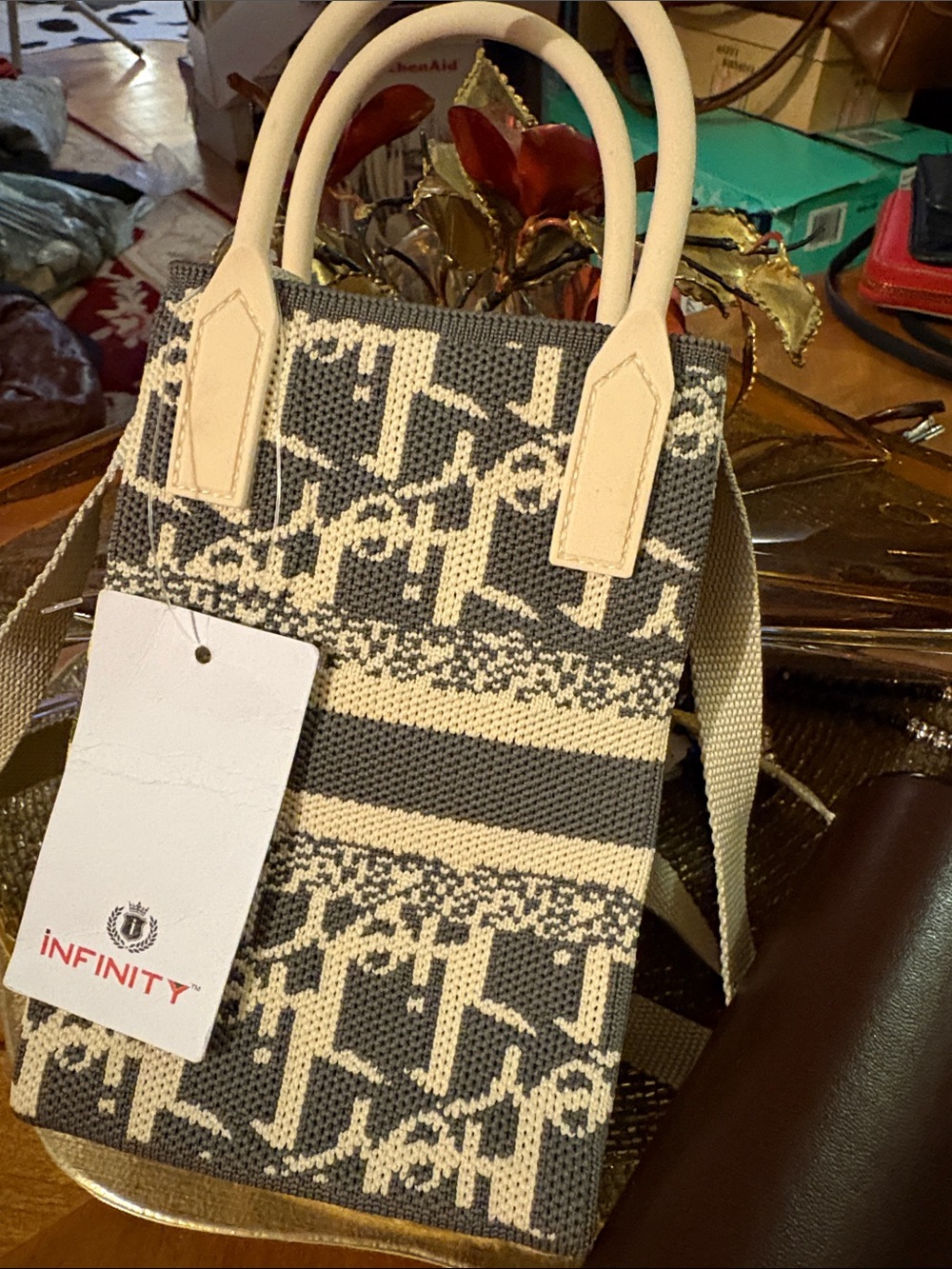 NFINITY Gray and Cream Knit Mini Tote Crossbody